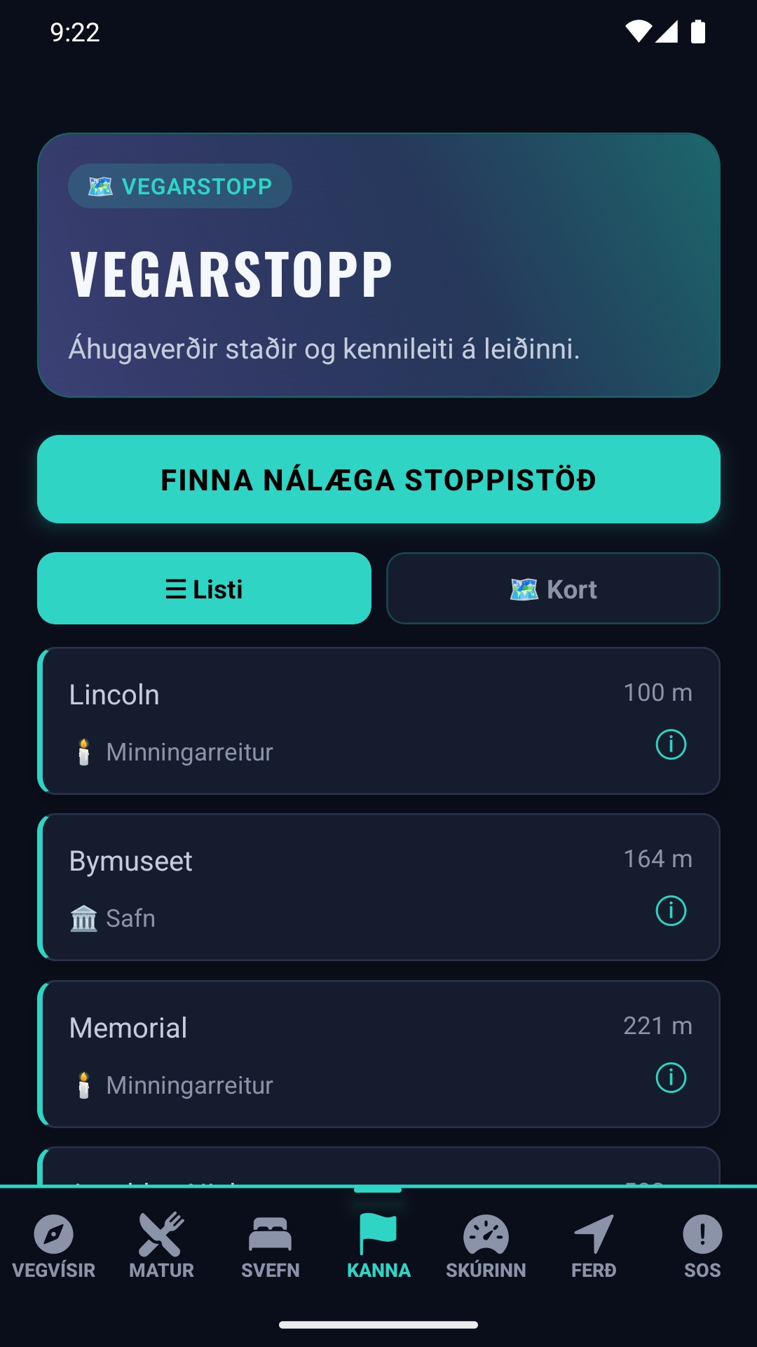 Áhugaverðir staðir — viðkomustaðir og útsýnisstaðir á leiðinni